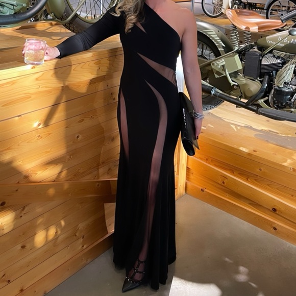 Mac Duggal one sleeve one shoulder illusion black evening gown sz 2 - Picture 2 of 6